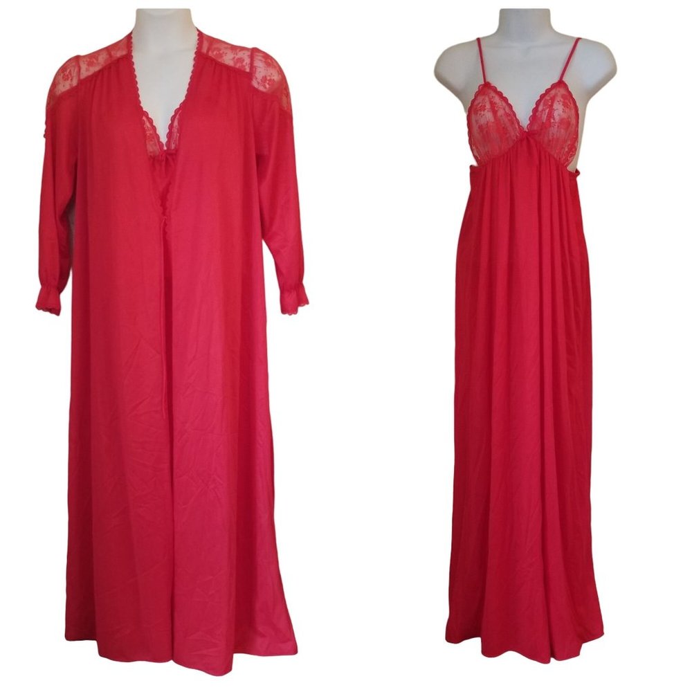 Peignoir OS Red Bridal Set Nightgown Robe Negligee Cover‎ Up Sheer Lace Lingerie